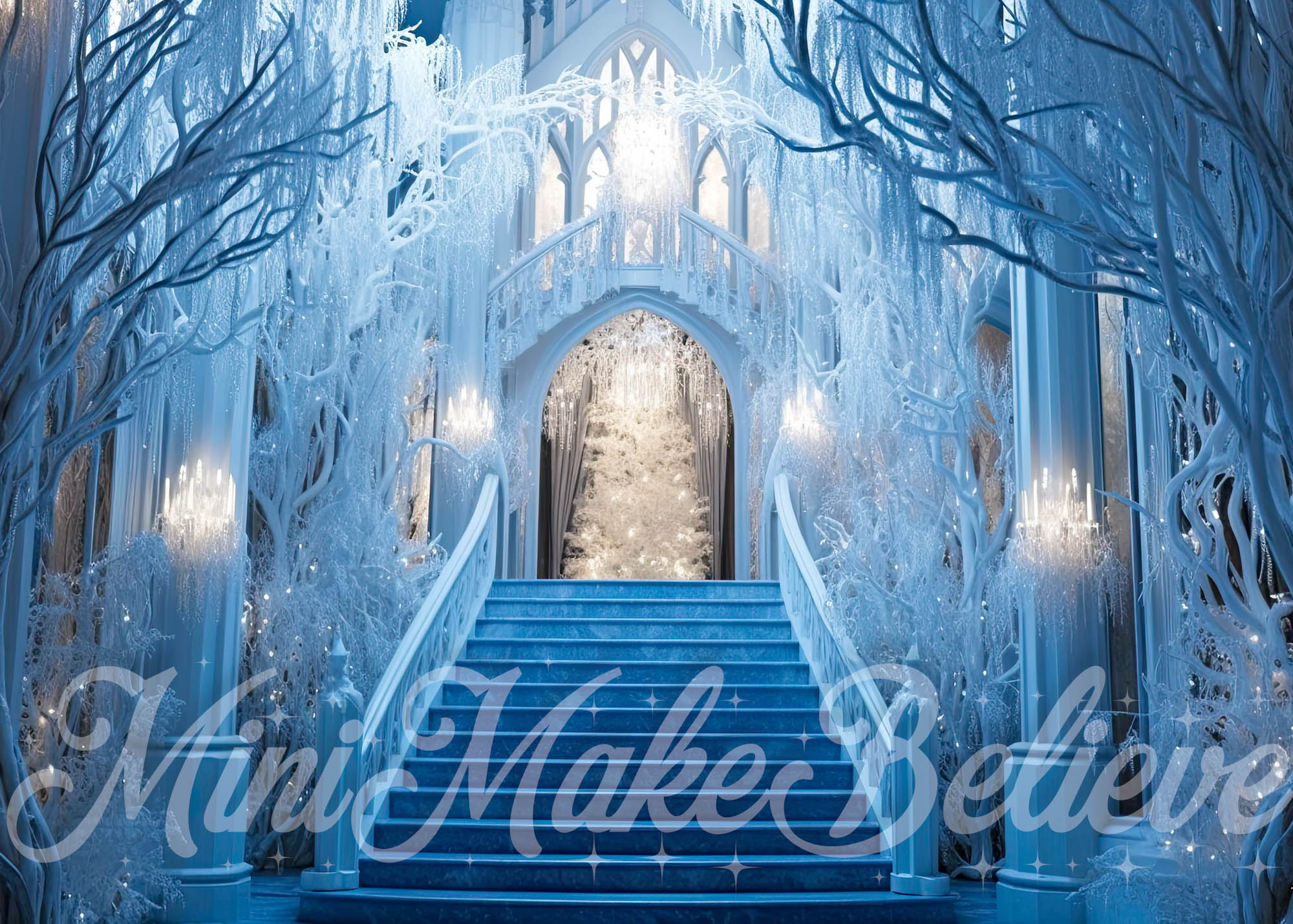 Kerst Bevroren Kasteel Trappen Winter Foto Achtergrond Ontworpen door Mini MakeBelieve
