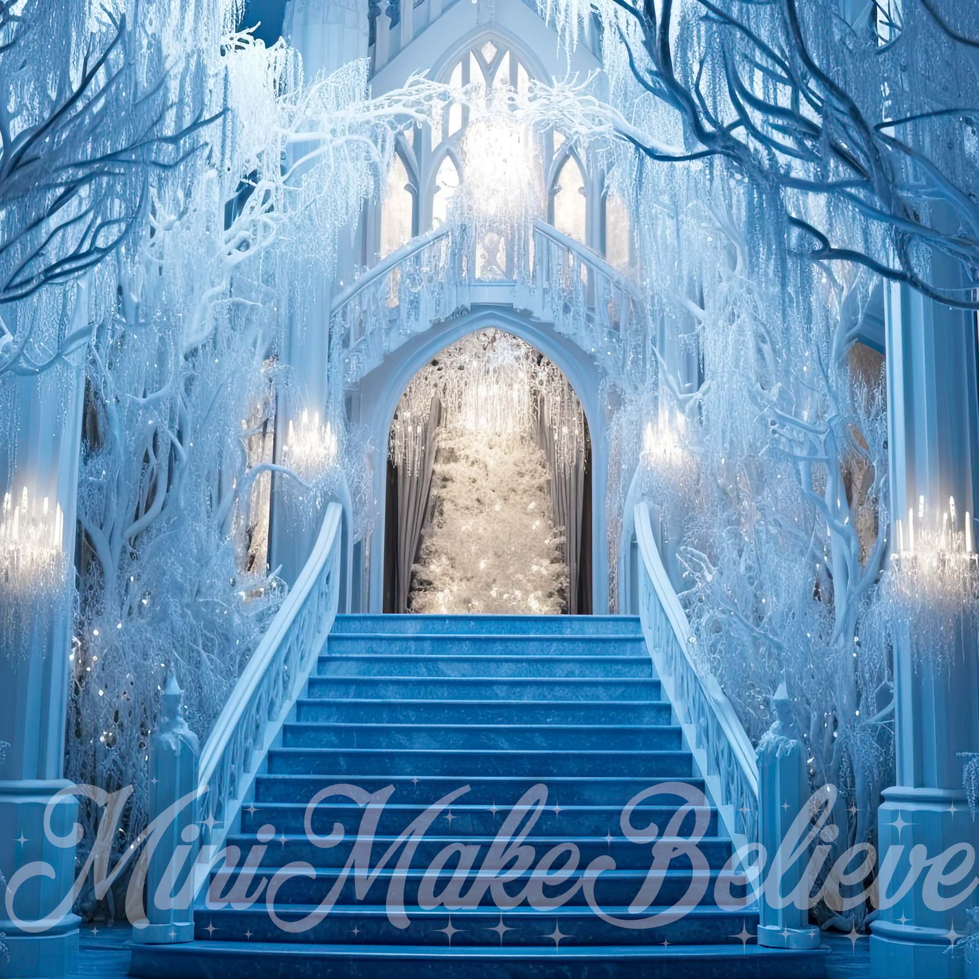 Kerst Bevroren Kasteel Trappen Winter Foto Achtergrond Ontworpen door Mini MakeBelieve