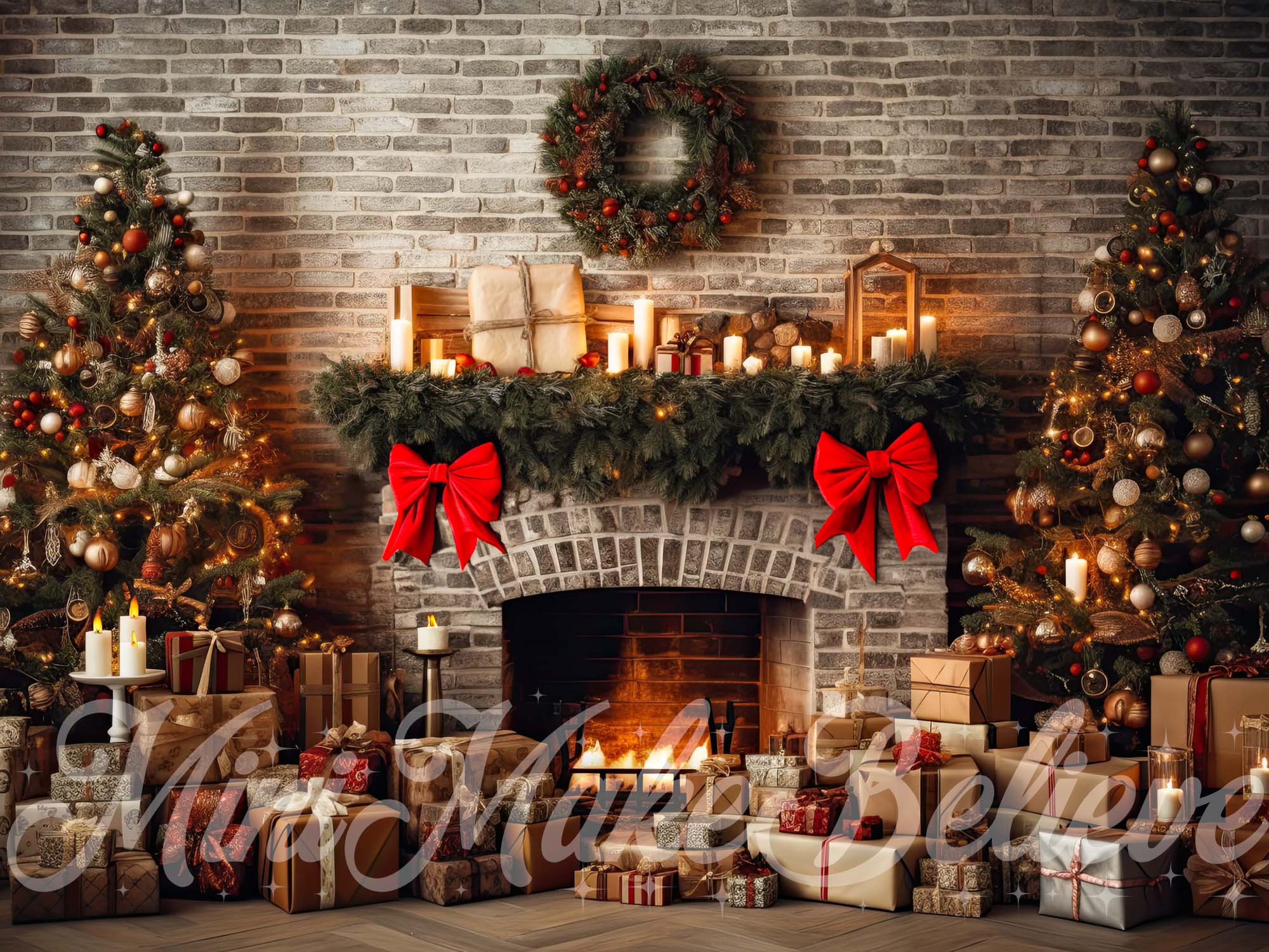 Kate Christmas Rustic Brick Fireplace and Trees Winter Backdrop Designed by Mini MakeBelieve