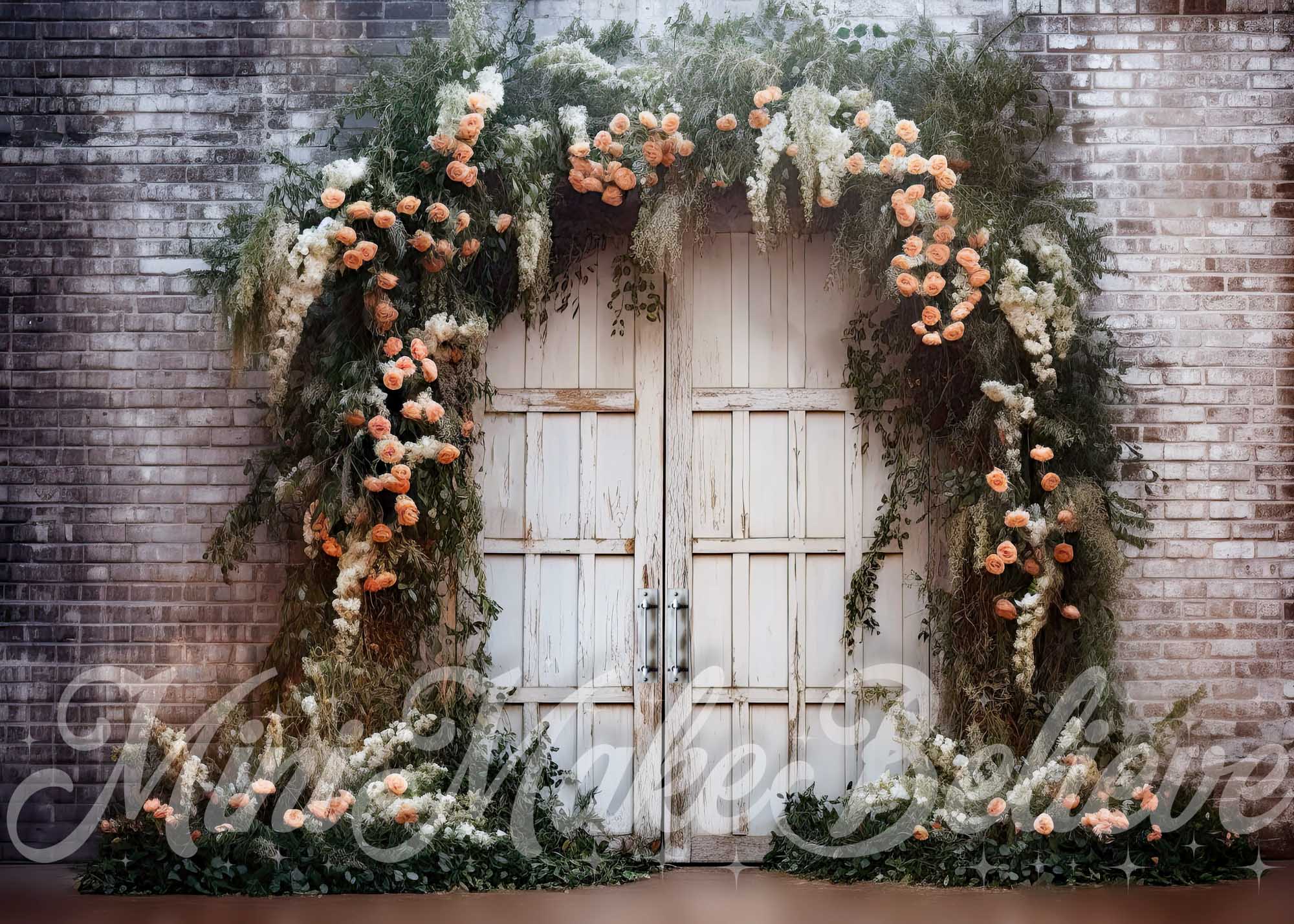 Kate Christmas Rustic Brick Wall with Floral Arch Doors Winter Backdrop Designed by Mini MakeBelieve