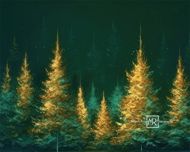Fondo de árboles de Navidad pintados de verde y dorado diseñado por Mandy Ringe Photography