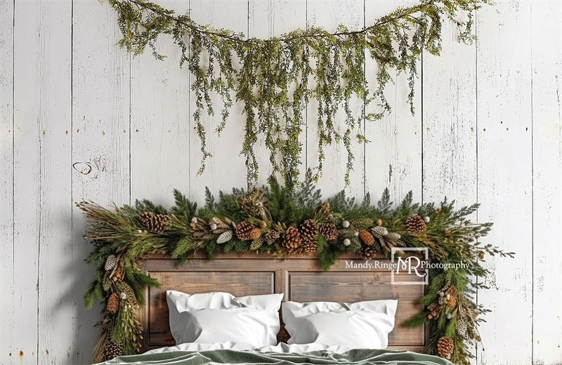 Kate Headboard with Winter Greenery and Pinecones Backdrop Designed by Mandy Ringe Photography