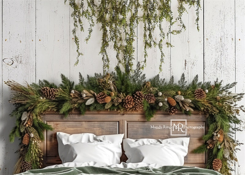 Kate Headboard with Winter Greenery and Pinecones Backdrop Designed by Mandy Ringe Photography