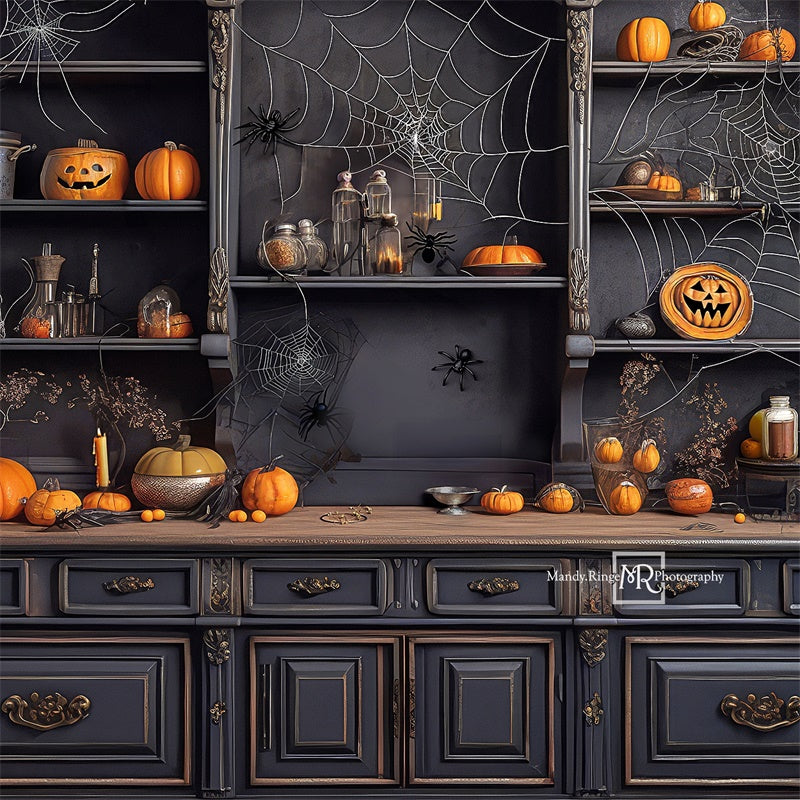 Kate Spooky Kitchen with Spiderwebs and Pumpkin Backdrop Designed by Mandy Ringe Photography