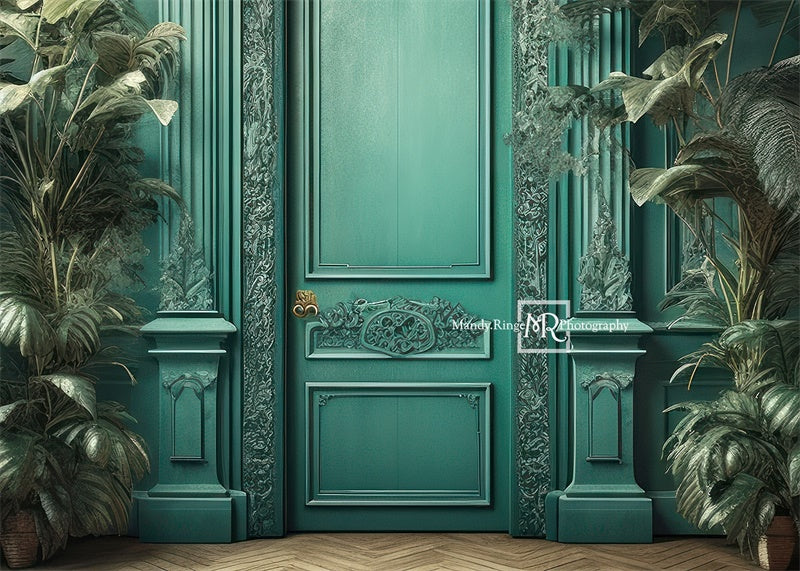 Kate Teal Door with Tropical Houseplants Backdrop Designed by Mandy Ringe Photography