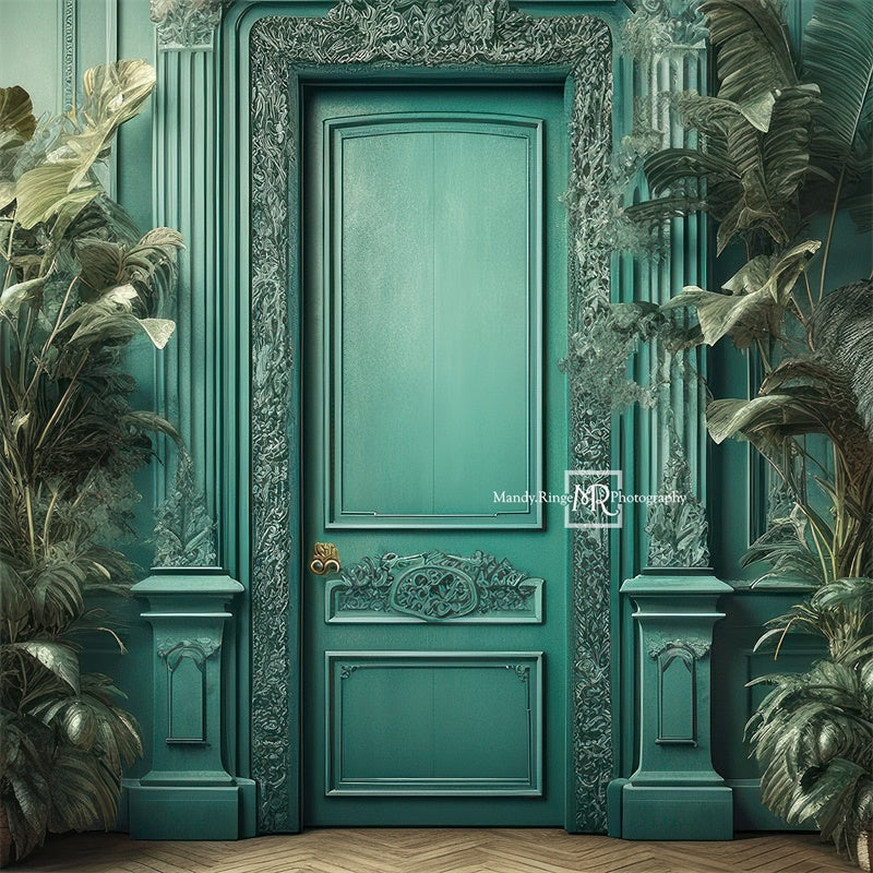 Kate Teal Door with Tropical Houseplants Backdrop Designed by Mandy Ringe Photography