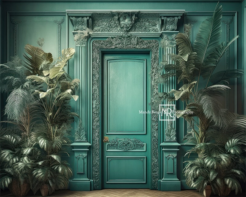 Kate Teal Door with Tropical Houseplants Backdrop Designed by Mandy Ringe Photography