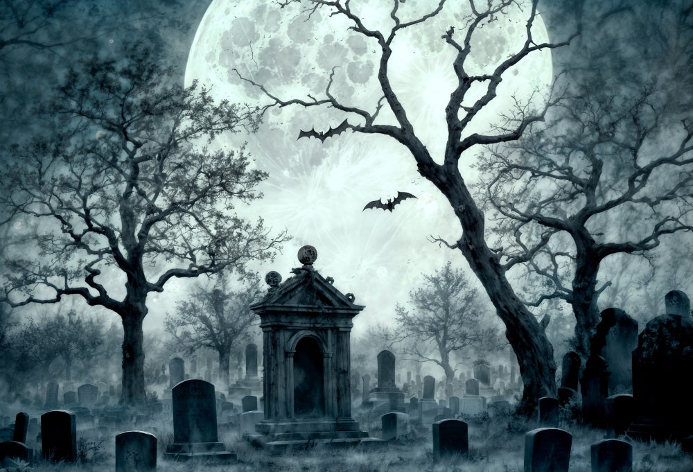 Fondo de cementerio en la noche con luna para fotografía de Halloween