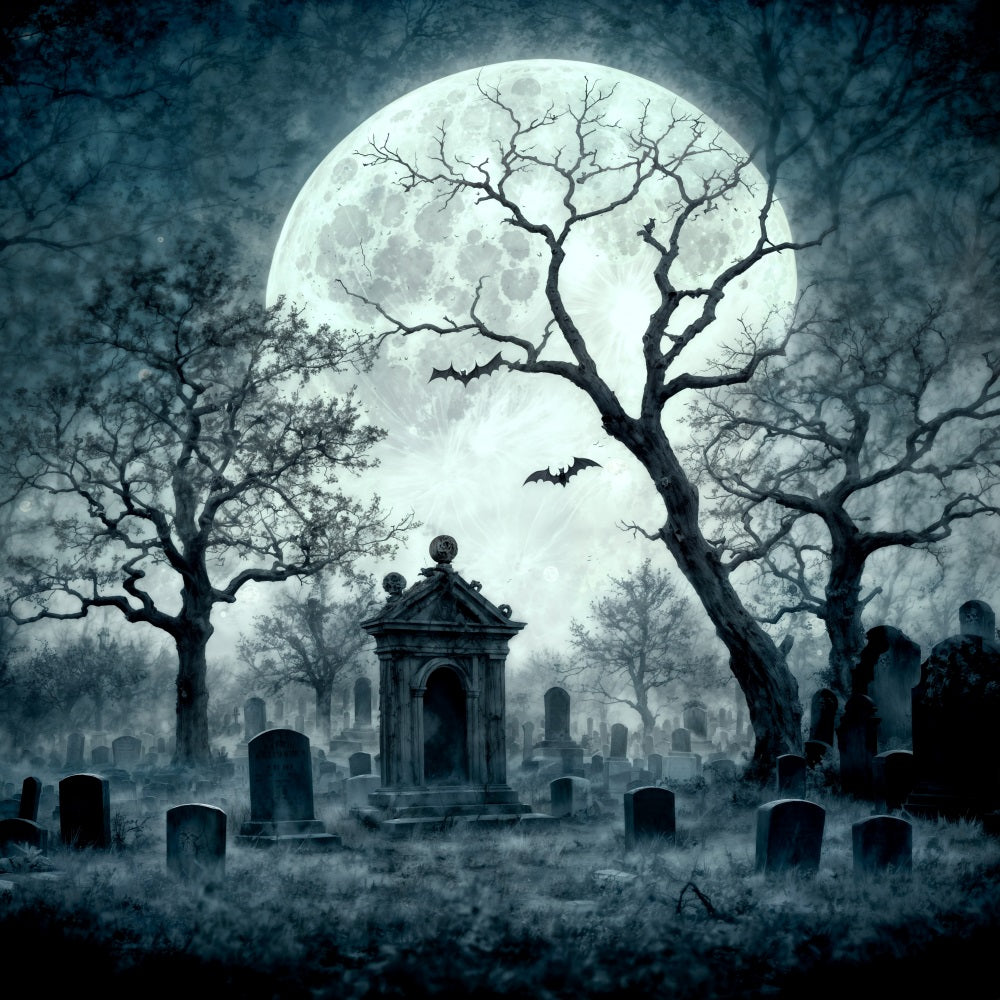 Fondo de cementerio en la noche con luna para fotografía de Halloween