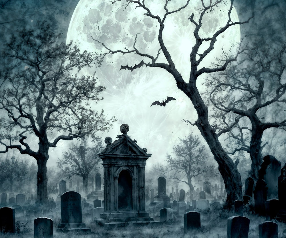 Fondo de cementerio en la noche con luna para fotografía de Halloween