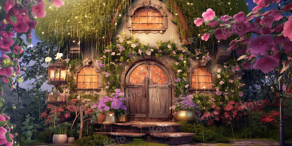 Casa de cuento de hadas de verano con fondo floral diseñado por GQ.