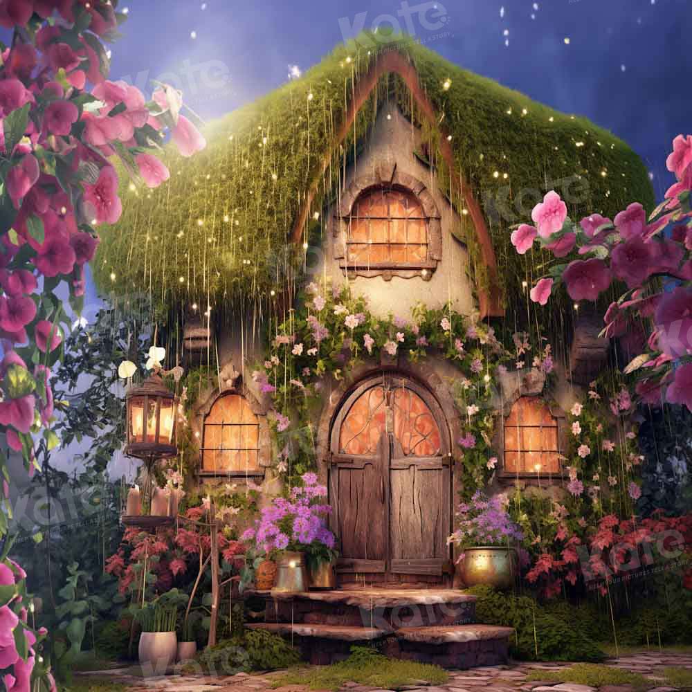 Casa de cuento de hadas de verano con fondo floral diseñado por GQ.