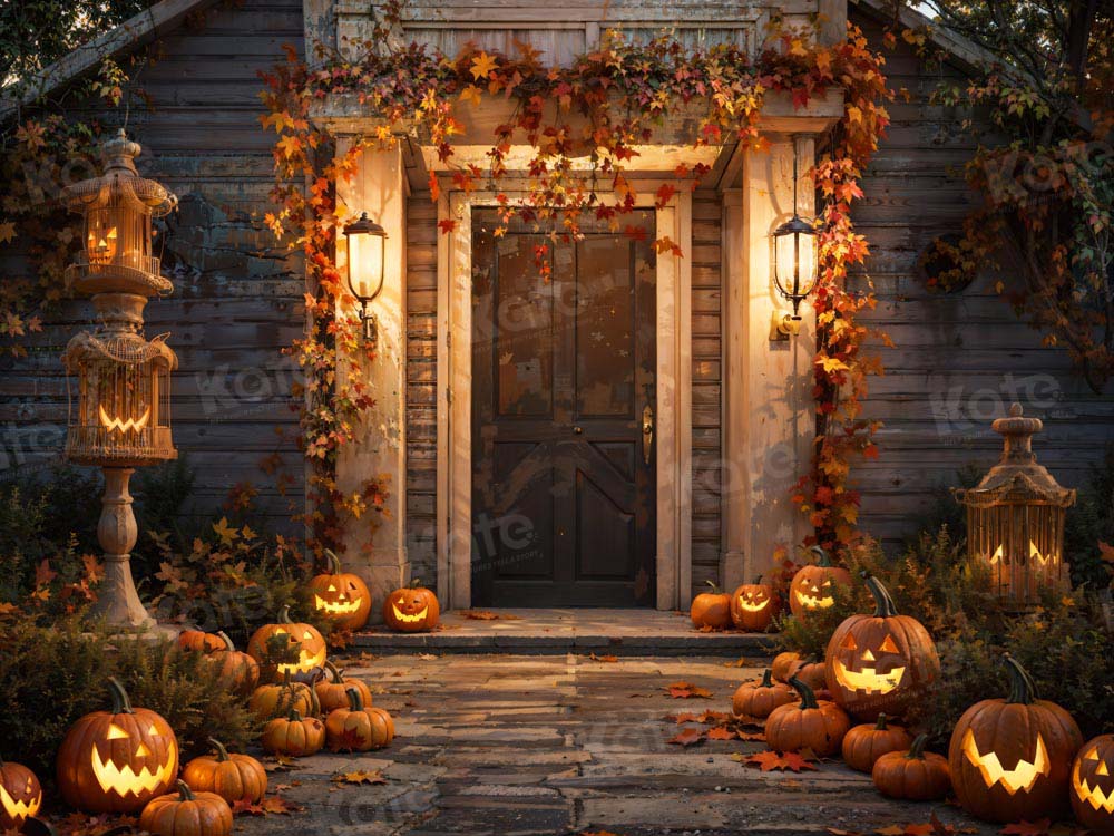 Halloween Pompoen Deur Huis in Nacht Foto Achtergrond Ontworpen door Chain Photography
