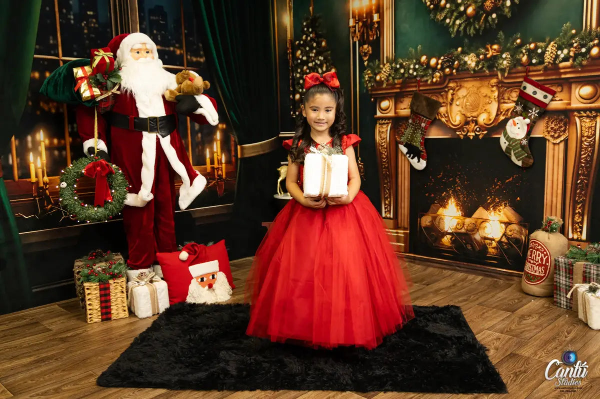 Kate Christmas Fireplace City Night Green Room Set(8ftx8ft&10ftx8ft&8ftx10ft)