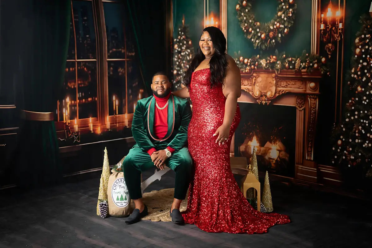 Kate Christmas Fireplace City Night Green Room Set(8ftx8ft&10ftx8ft&8ftx10ft)