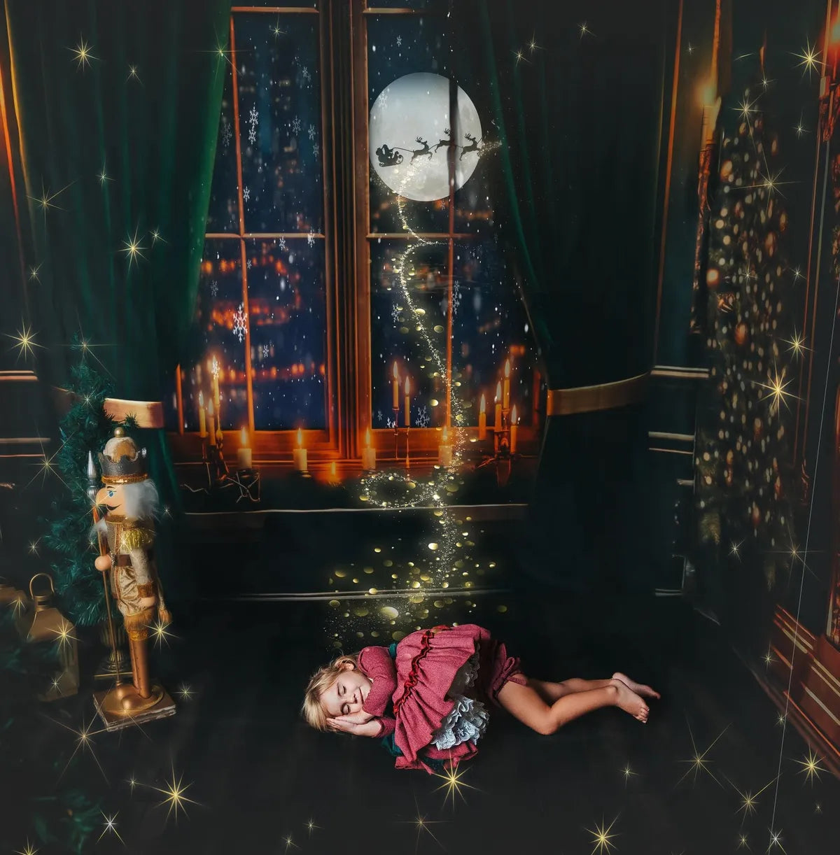 Kate Christmas Fireplace City Night Green Room Set(8ftx8ft&10ftx8ft&8ftx10ft)