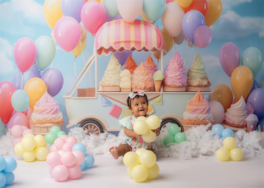 Kate Summer Ice Cream Truck with Colorful Balloon Backdrop Designed by Chain Photography