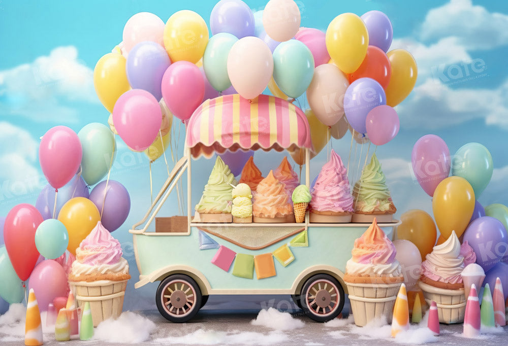 Kate Summer Sweet Ice Cream Car Cake Smash Balloon Sky Backdrop Designed by Chain Photography