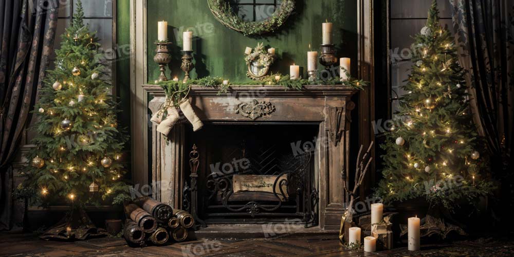 Kate Christmas Tree Fireplace Old Green House Printed Backdrop Designed by Chain Photography