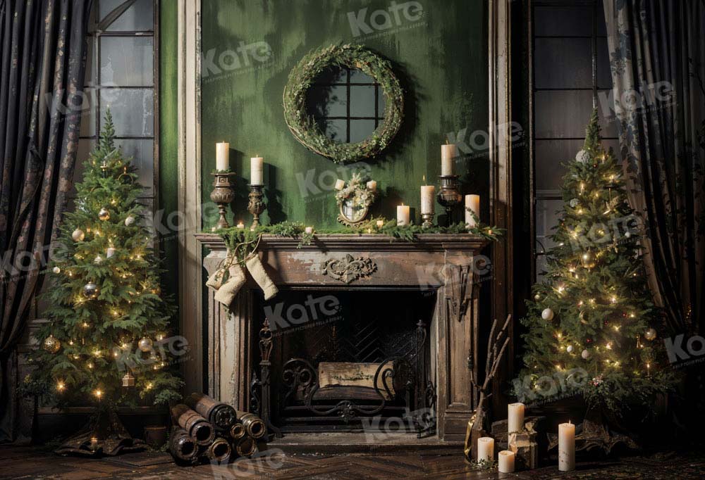 Kate Christmas Tree Fireplace Old Green House Printed Backdrop Designed by Chain Photography