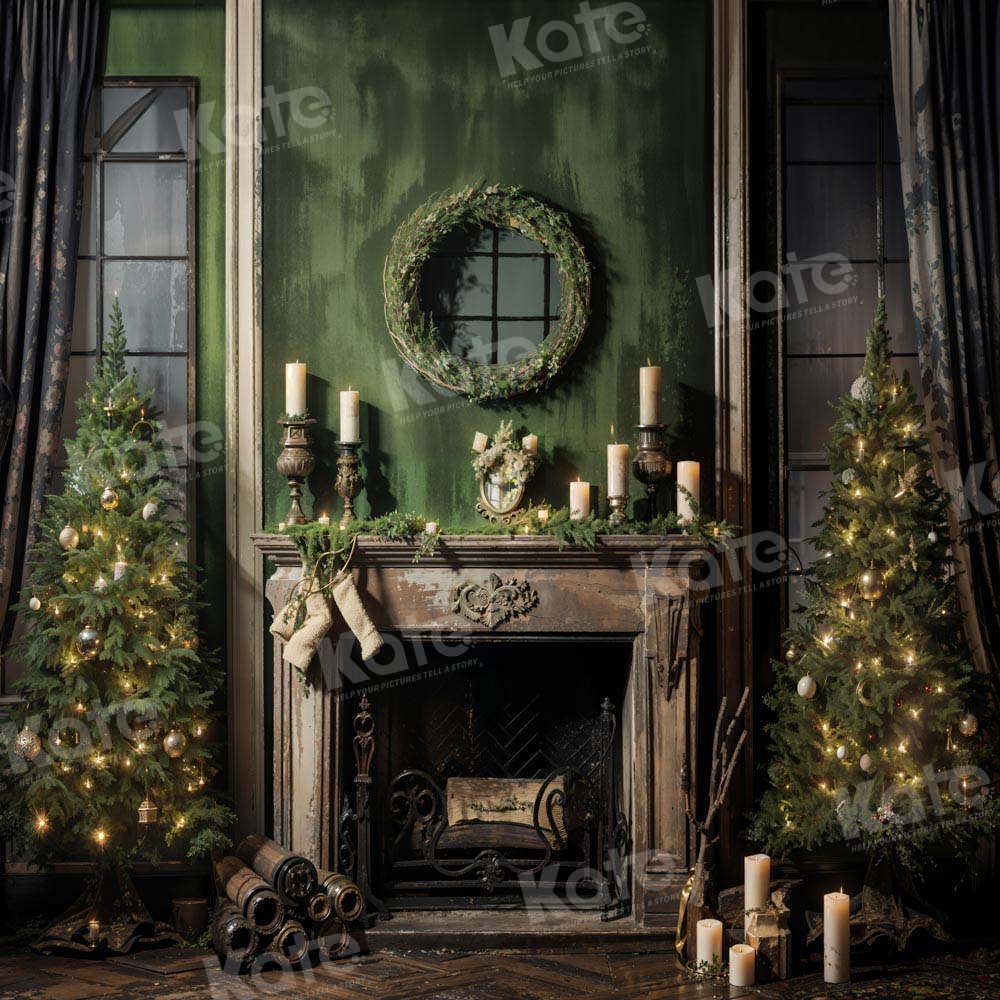 Kate Christmas Tree Fireplace Old Green House Printed Backdrop Designed by Chain Photography