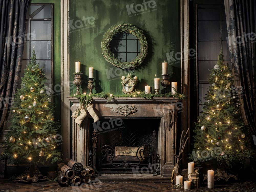 Kate Christmas Tree Fireplace Old Green House Printed Backdrop Designed by Chain Photography