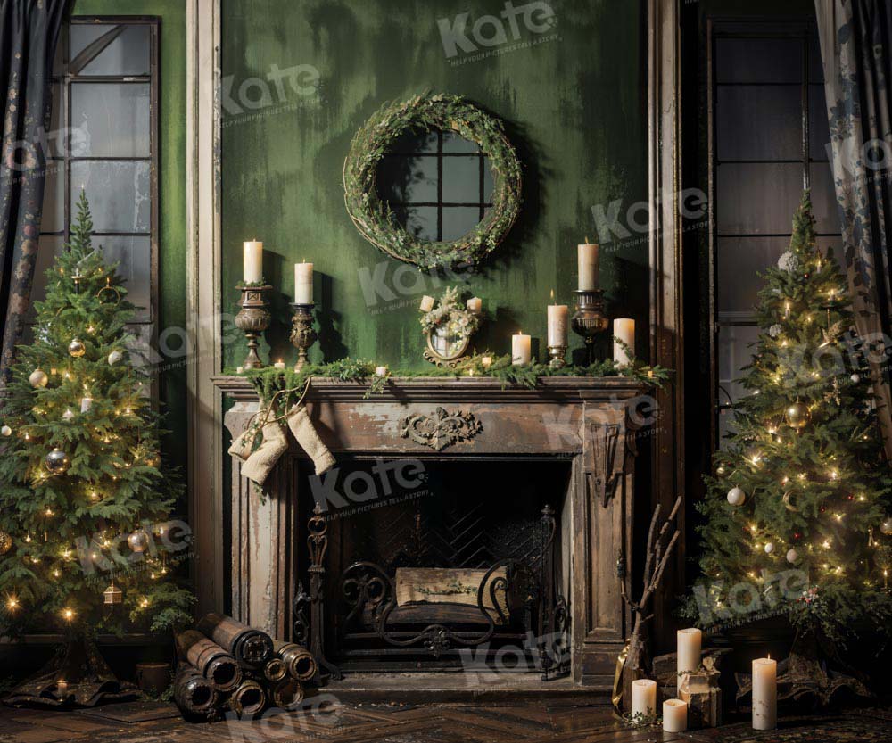 Kate Christmas Tree Fireplace Old Green House Printed Backdrop Designed by Chain Photography