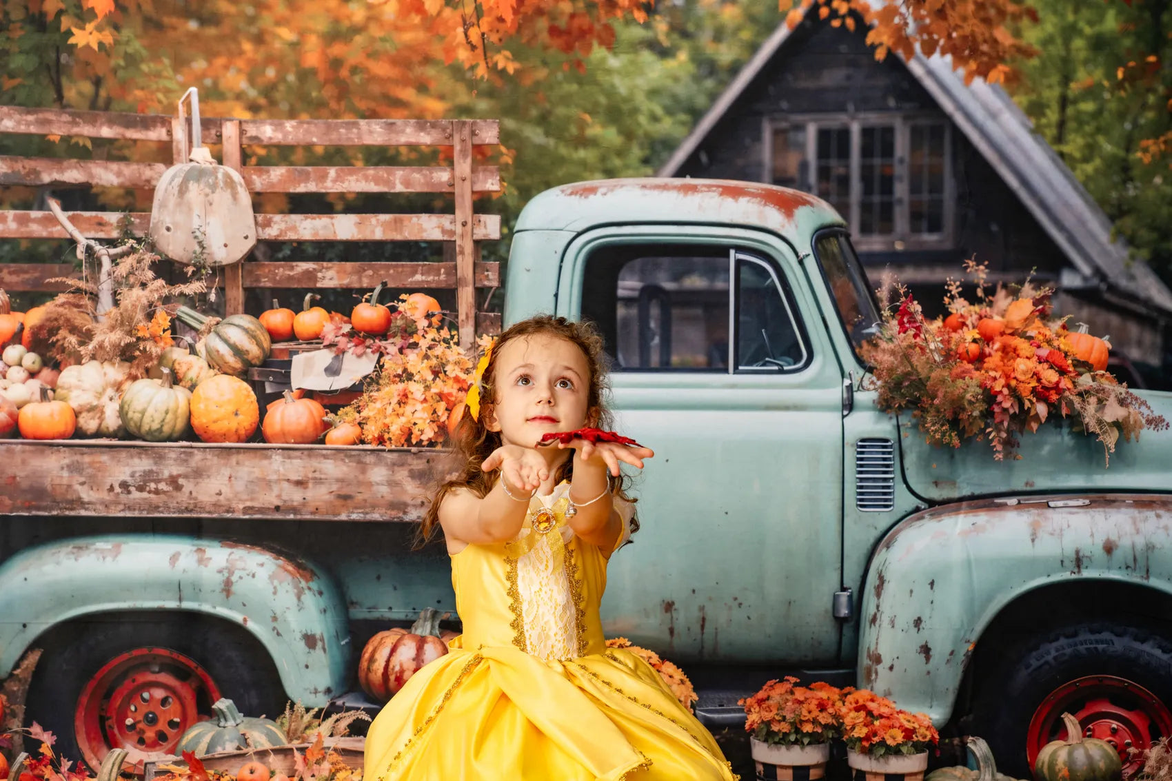 Kate Autumn Truck Golden Leaves Old House Backdrop Designed by Chain Photography