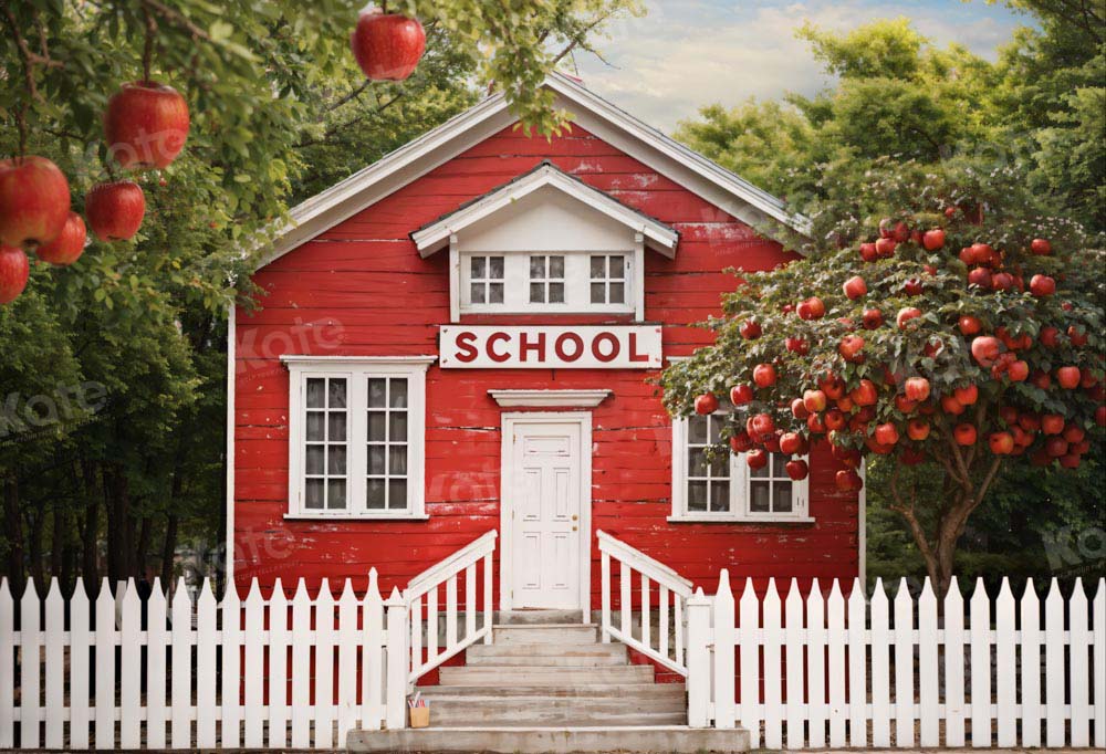 Kate Back to School Apple Tree Fence Red House Backdrop Designed by Chain Photography