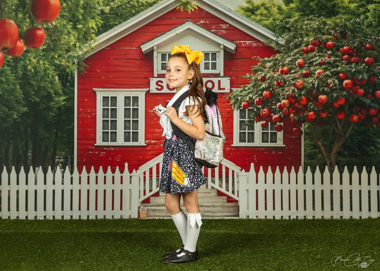 Kate Back to School Apple Tree Fence Red House Backdrop Designed by Chain Photography