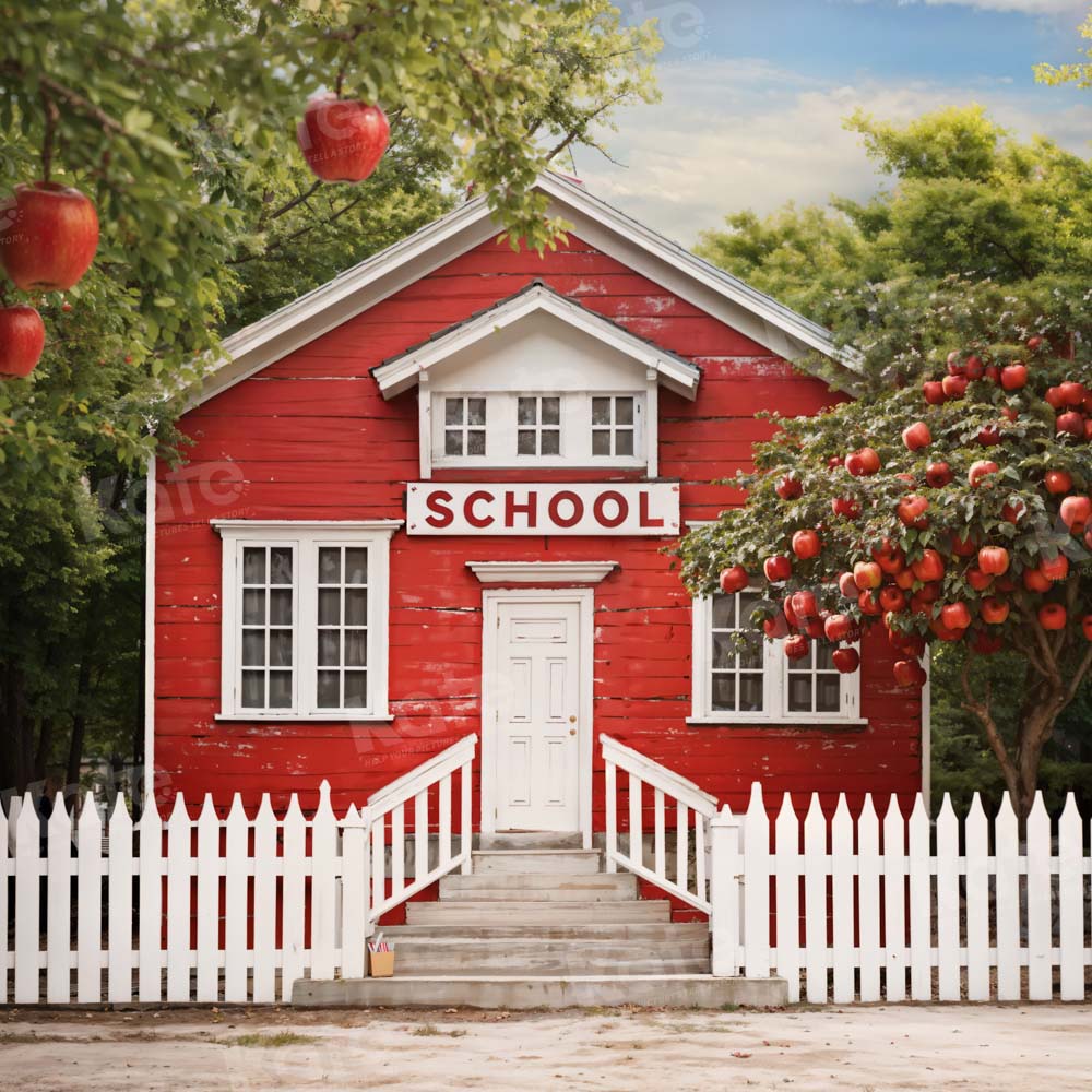 Kate Back to School Red House Apple Tree Fence Backdrop Designed by Chain Photography