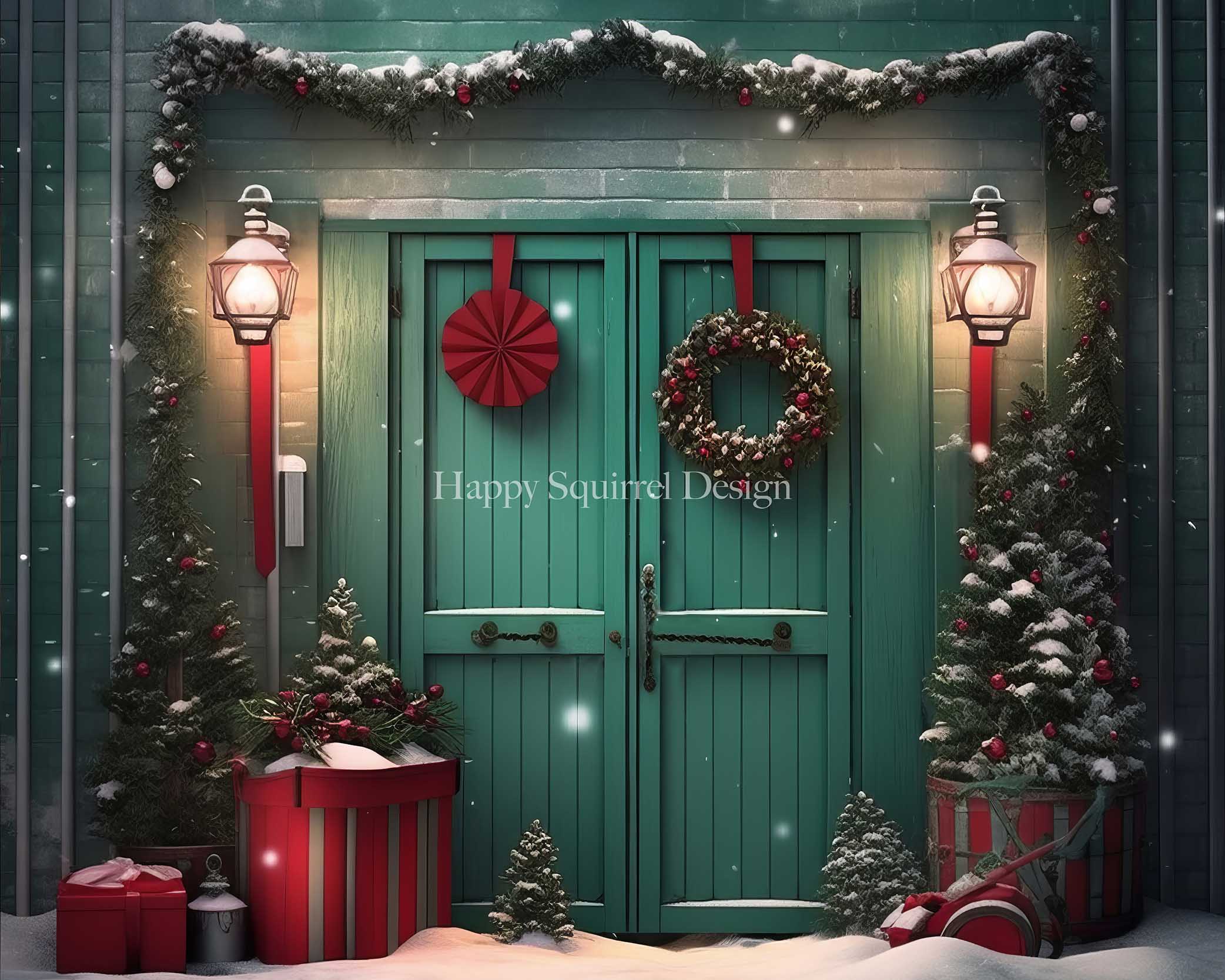 Kate Christmas Green Holiday Door Backdrop Designed by Happy Squirrel Design