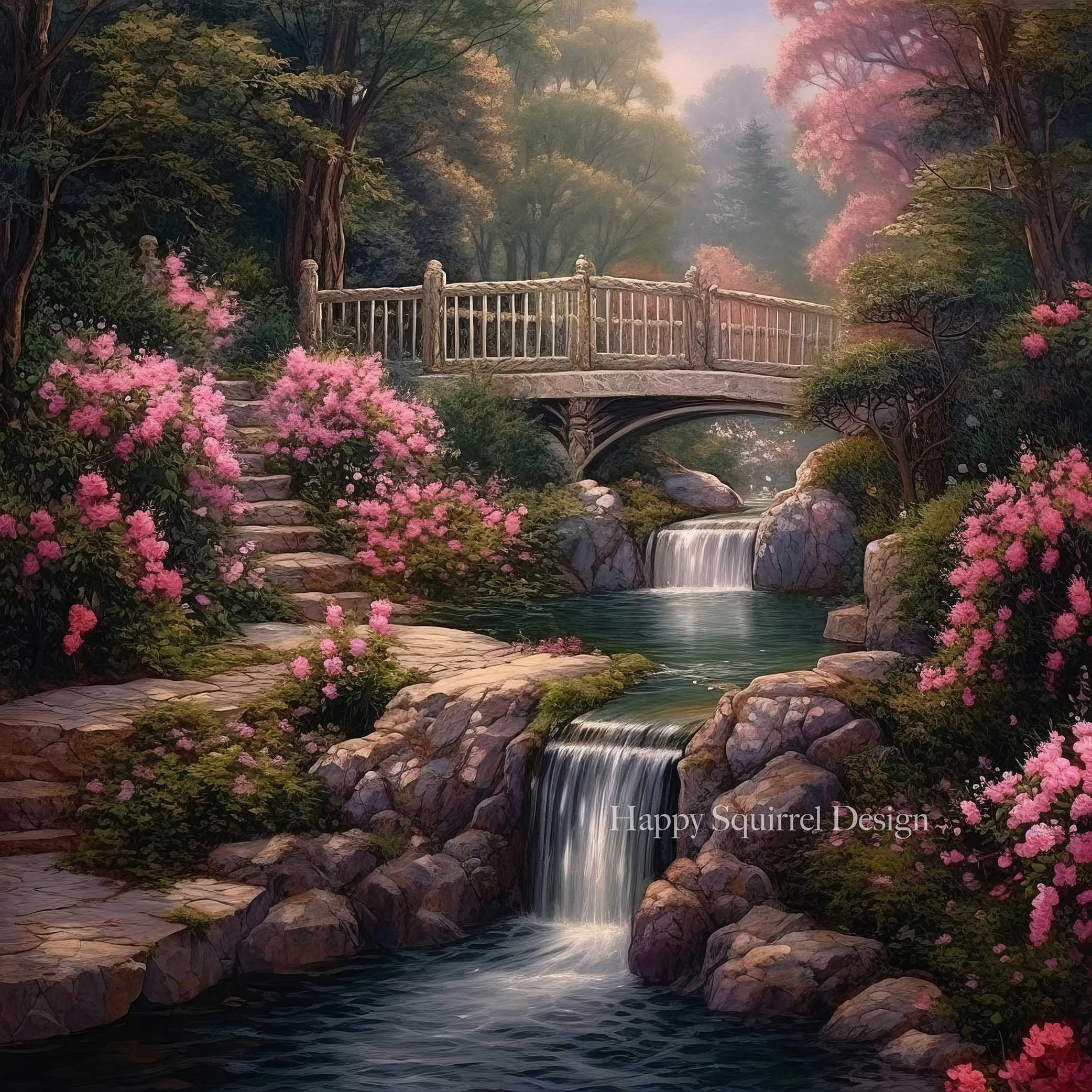 Sfondo di giardino con cascata d'acqua e rose, ideato da Happy Squirrel Design