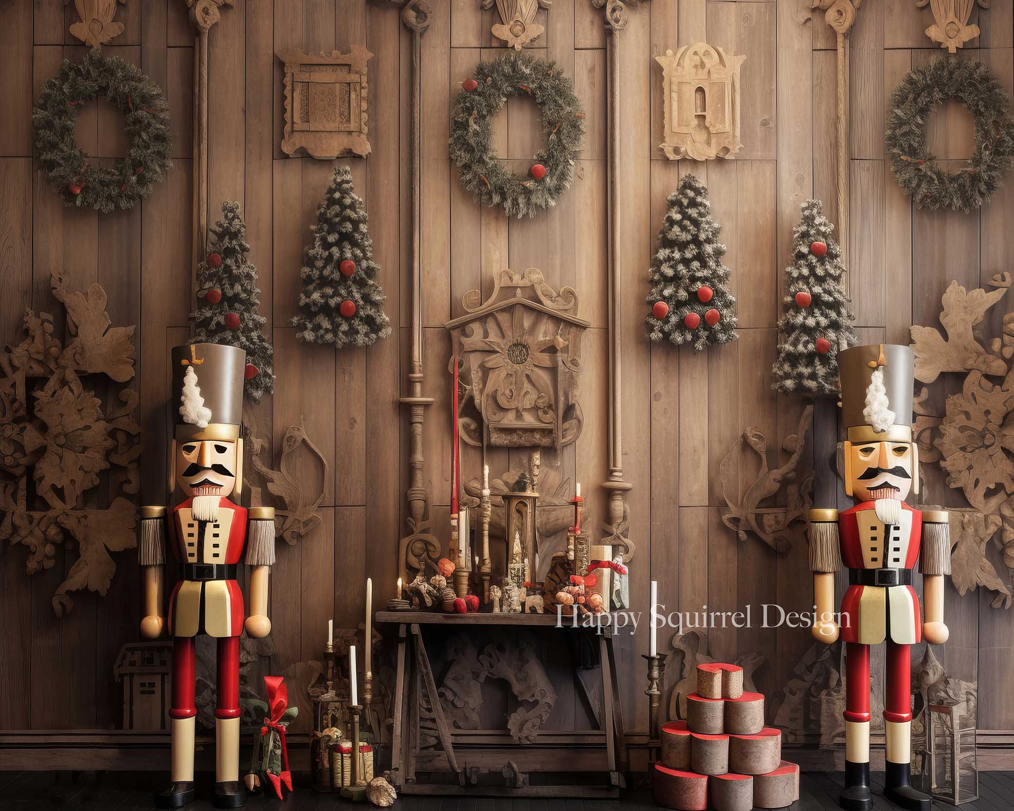 Fondo de pared con diseño de cascanueces de madera para Navidad diseñado por Happy Squirrel Design