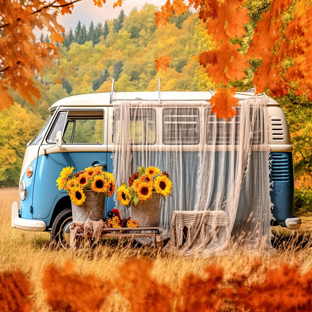 Herfst zonnebloemblauw-witte autobus achtergrond voor fotografie
