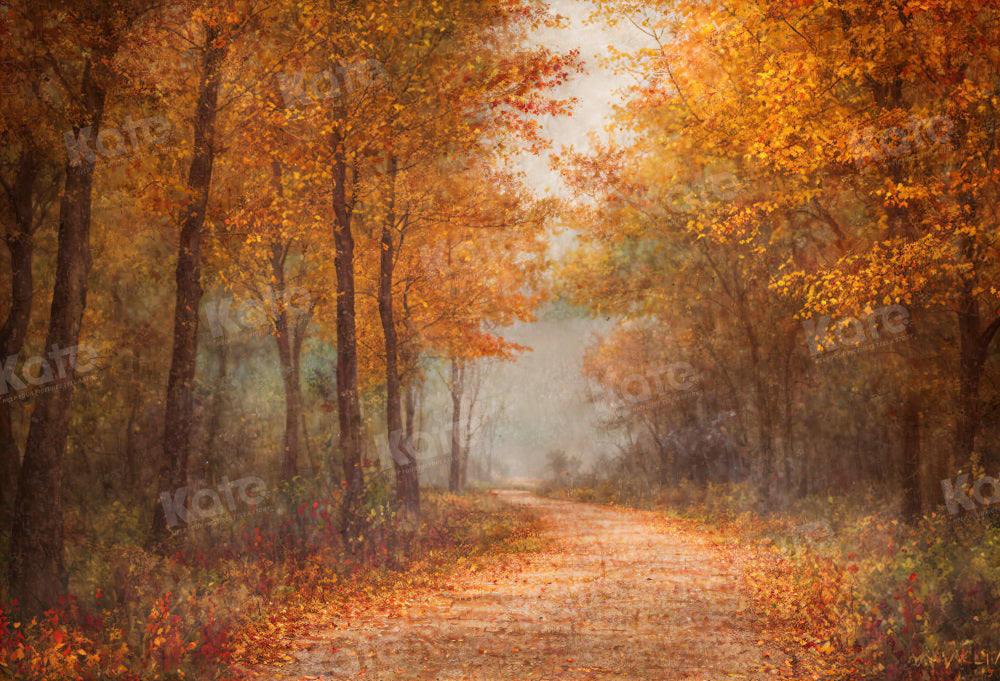 Fondo de bosque con sendero de hojas doradas de otoño para fotografía.