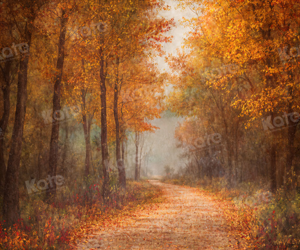 Fondo de bosque con sendero de hojas doradas de otoño para fotografía.