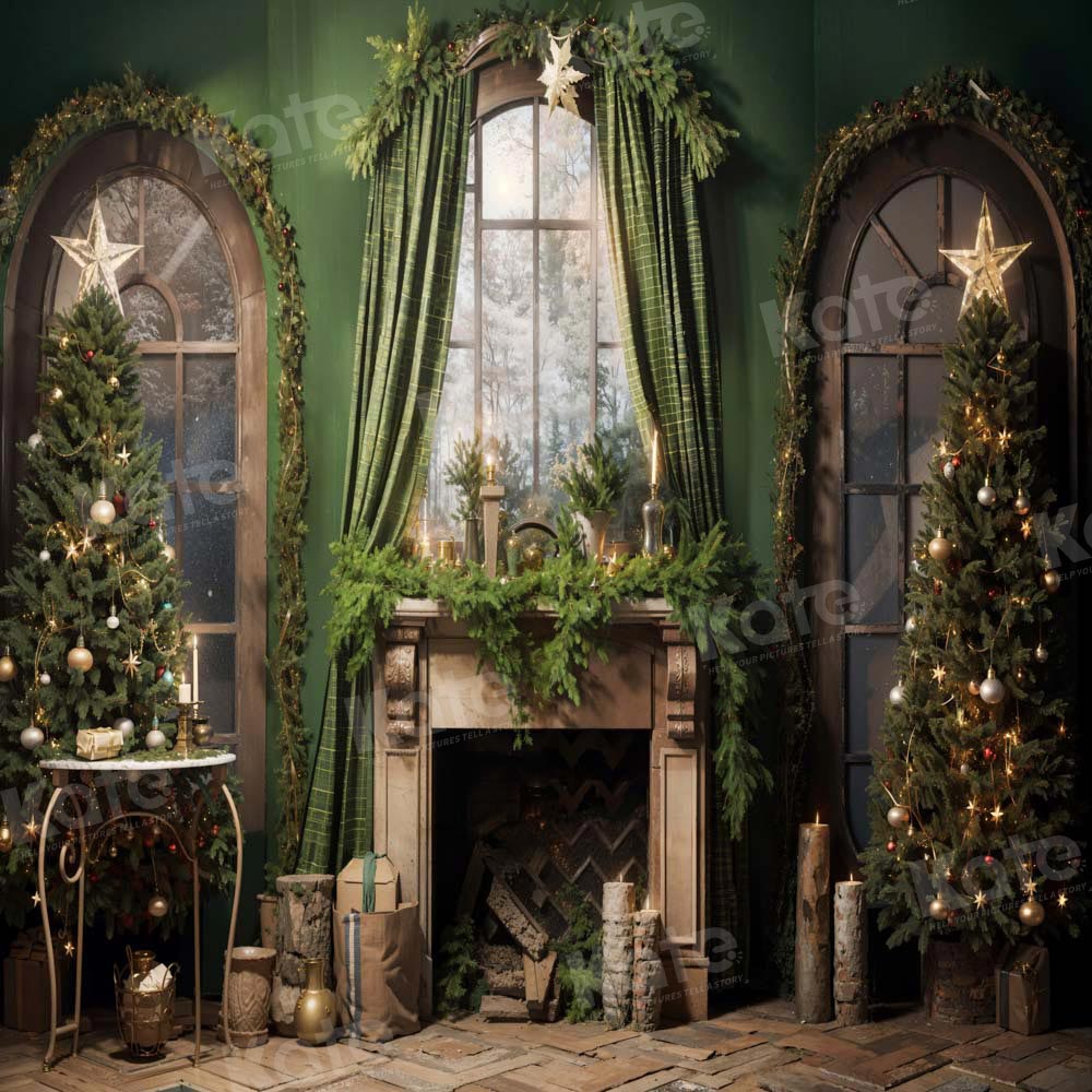 Kate Christmas Green Fireplace Curtain Backdrop Designed by Emetselch