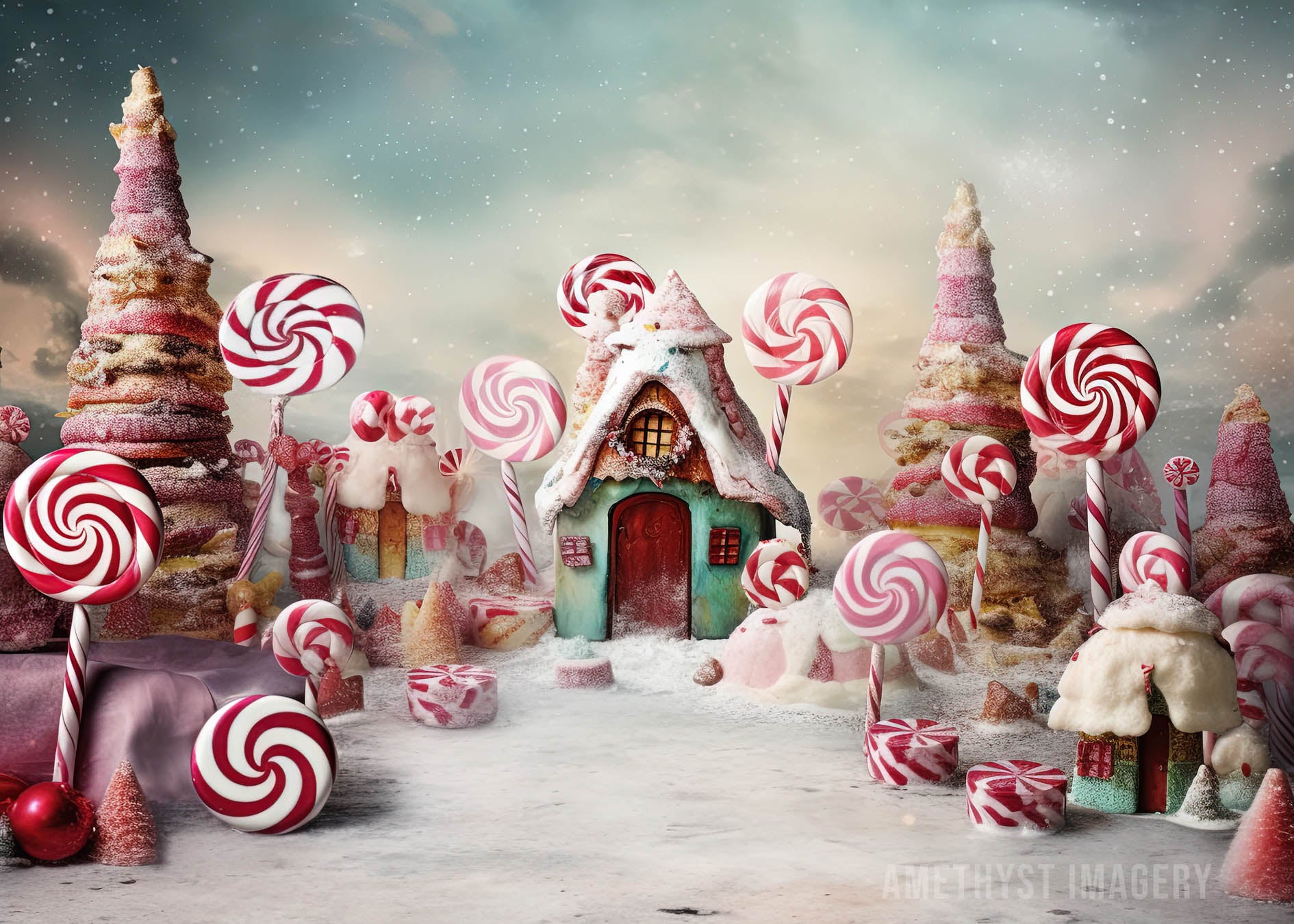 Kerst Pepermunt-landhuis achtergrond ontworpen door Angela Miller.