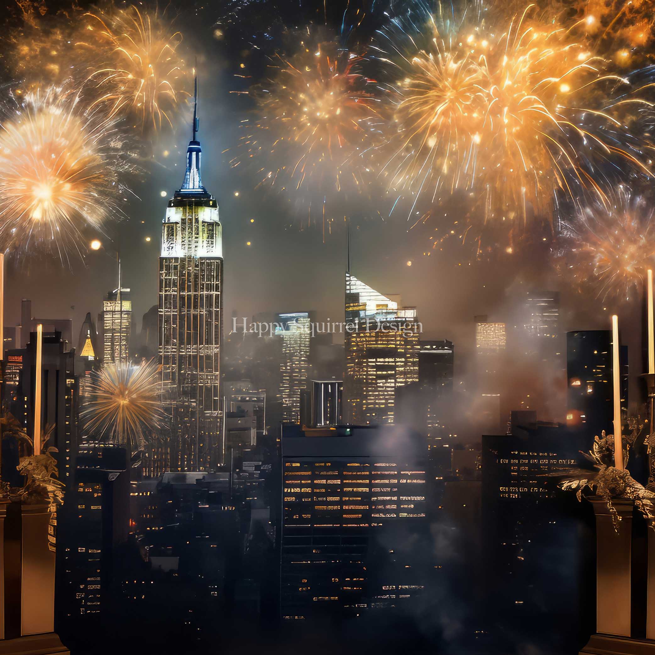 Kate Fireworks Skyline New Year Celebration Backdrop Designed by Happy Squirrel Design