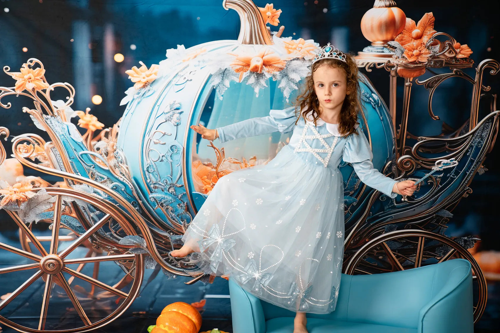 Kate Blue Pumpkin Car In Night Backdrop Designed by Chain Photography