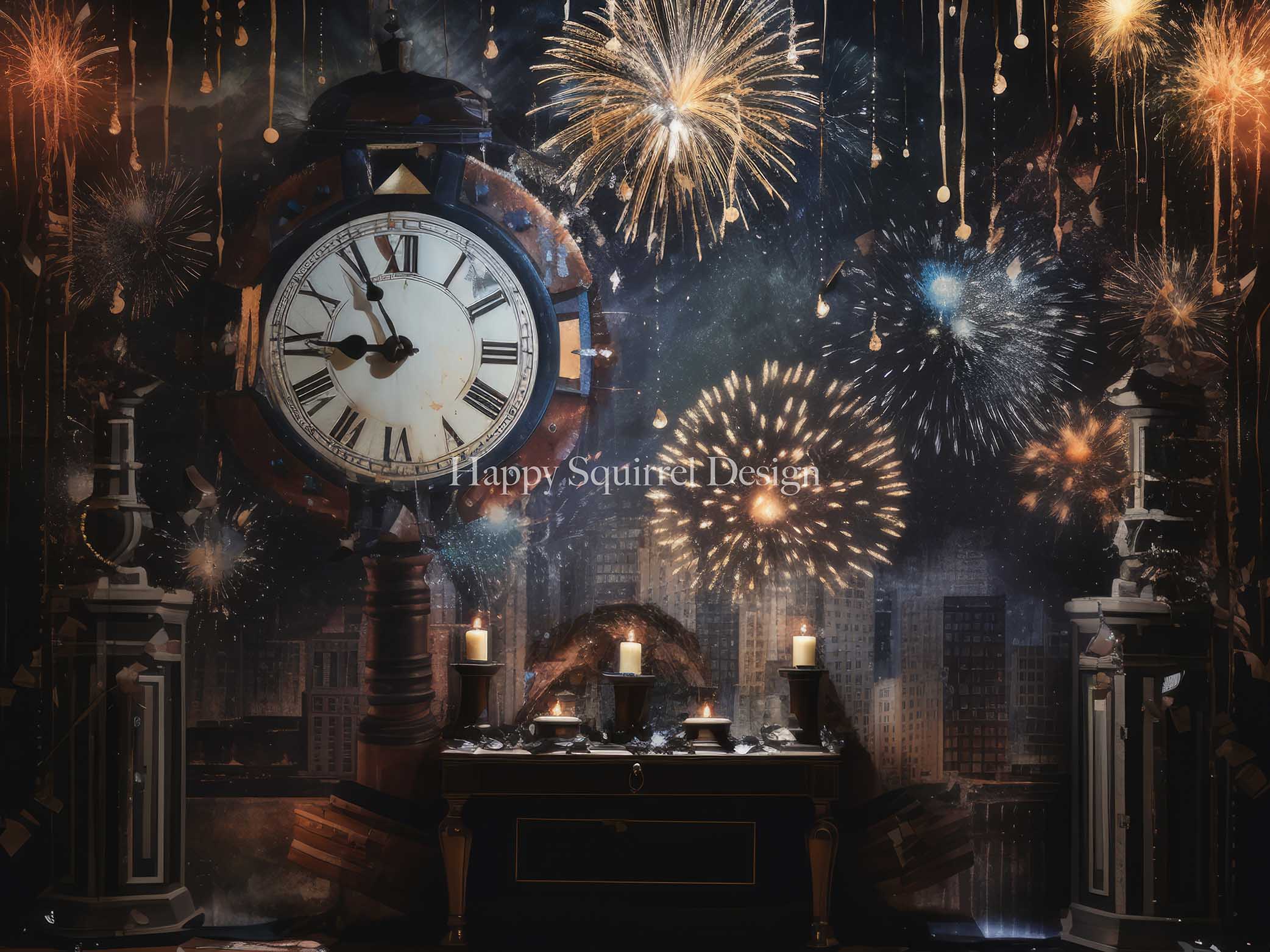 Kate Holiday Celebration Clock Fireworks Backdrop Designed by Happy Squirrel Design