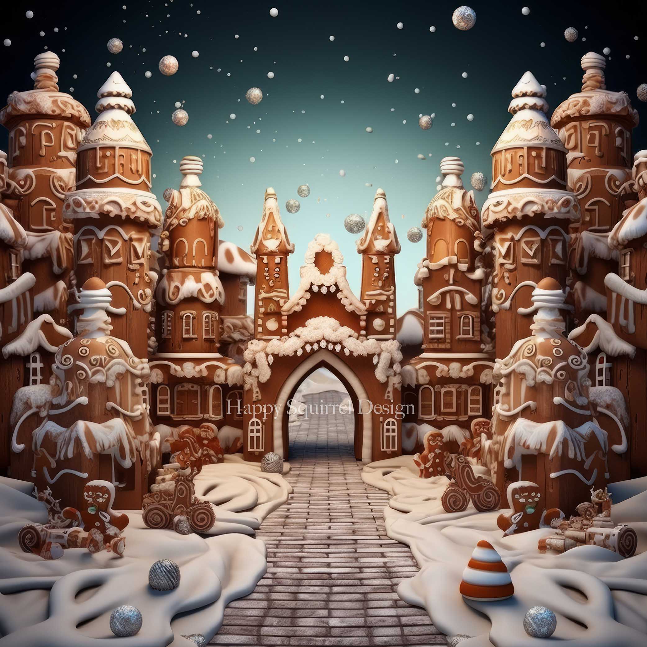 Fondo de Castillo de Pan de Jengibre Navideño Diseñado por Happy Squirrel Design