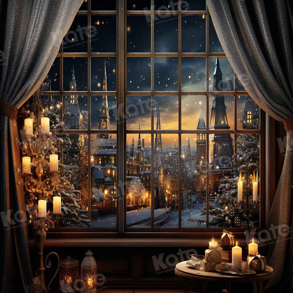 Kate Christmas Winter Night Town Outwindow Candle Backdrop Designed by Emetselch