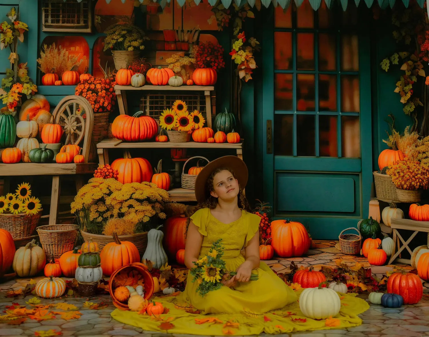 Kate Autumn Pumpkin Store Blue Backdrop Designed by Emetselch