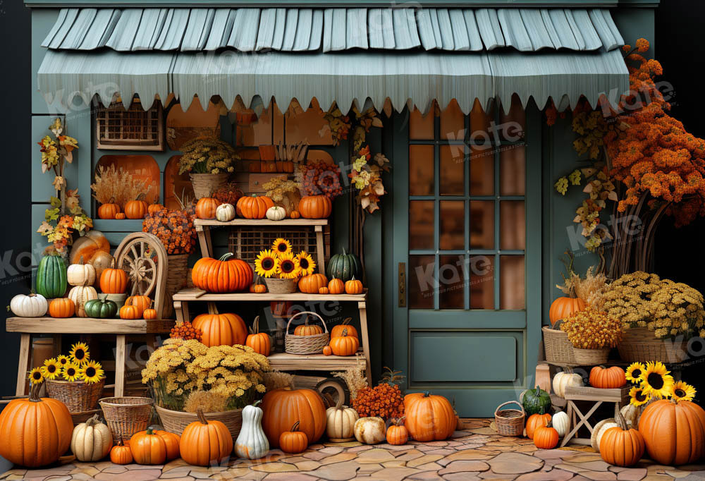 Kate Autumn Pumpkin Store Blue Backdrop Designed by Emetselch