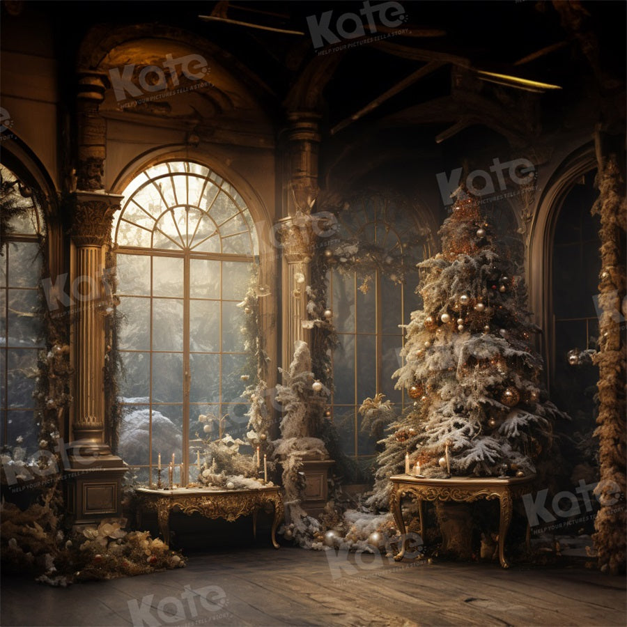 Kate Vintage Christmas Tree Window Printed Backdrop for Photography