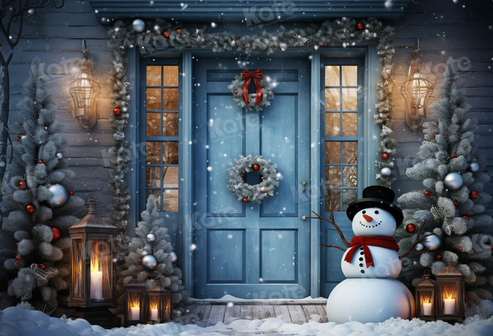 Winter Snowy Blue Door Snowman Backdrop Ontworpen door Chain Photography
