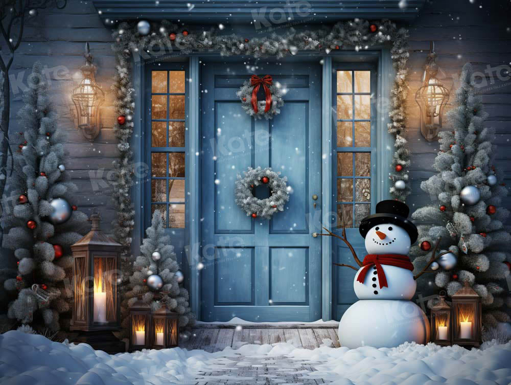 Winter Snowy Blue Door Snowman Backdrop Ontworpen door Chain Photography