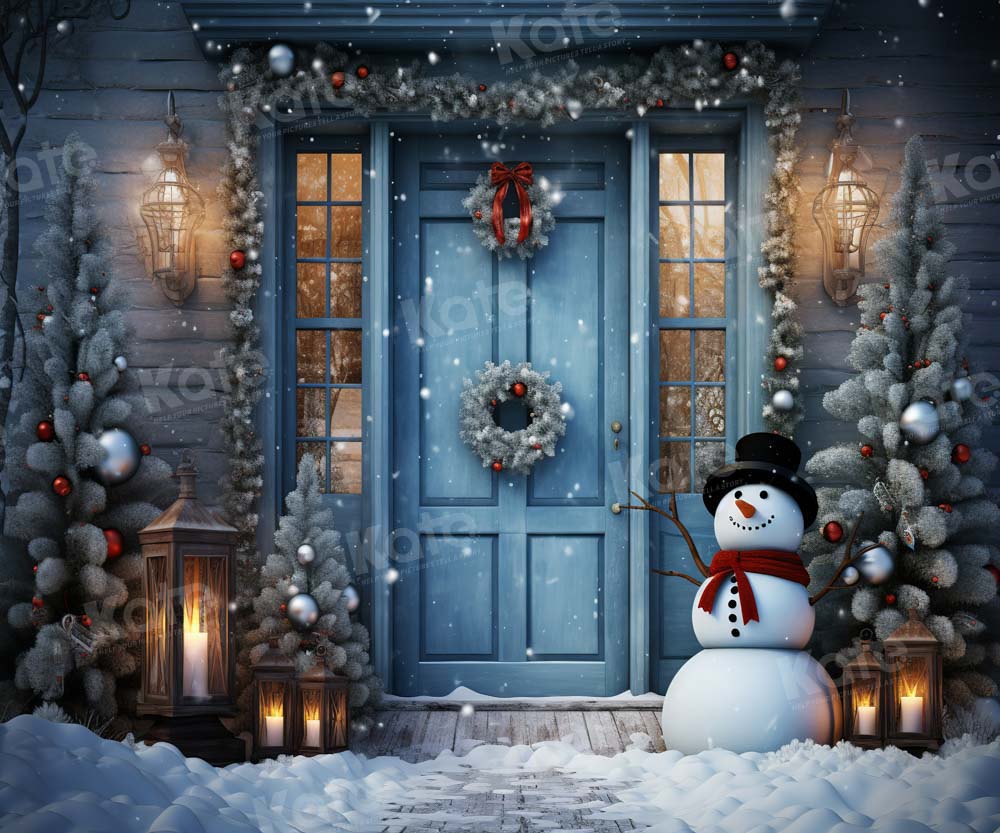 Winter Snowy Blue Door Snowman Backdrop Ontworpen door Chain Photography
